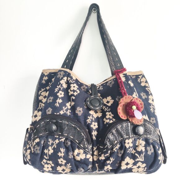 Nica Bags Nica Knit Tapestry Navy Blue Cream Floral Leather Trim